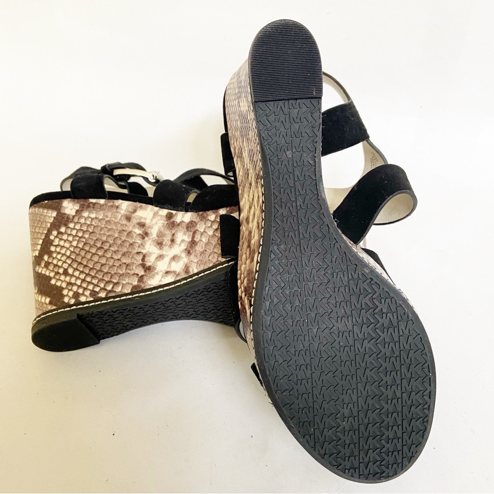 Michael Kors Black Suede Celia Wedge/Platform Sandals Snake Print Heel Size 7 - Picture 9 of 10